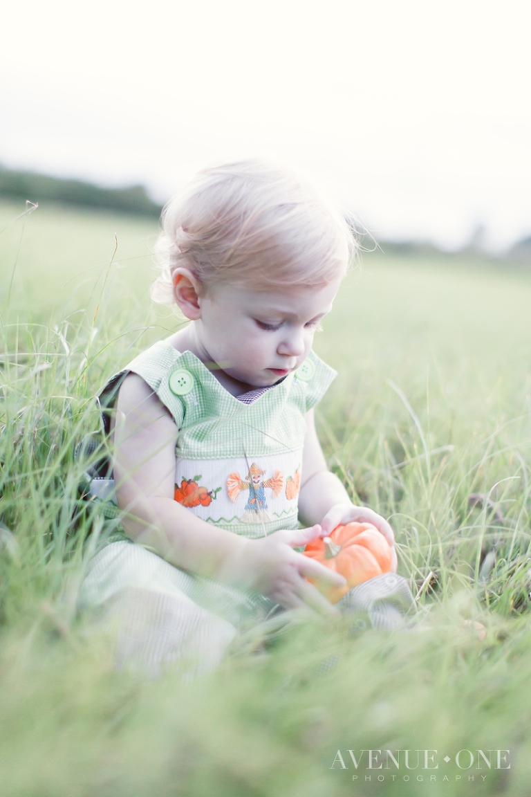 blonde boy with pumpkin in field
