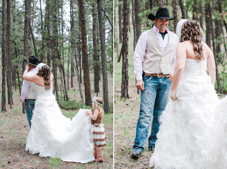 bride and groom first look in trees