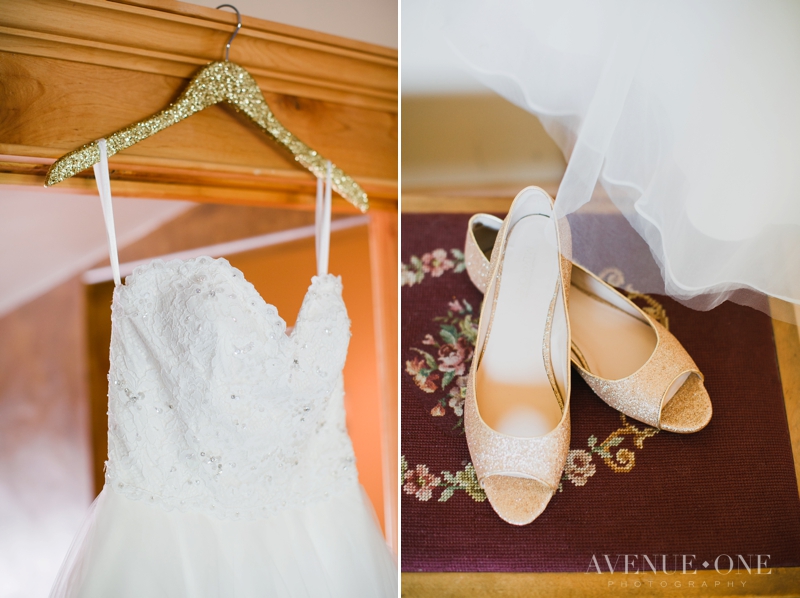 wedding dress on gold hanger