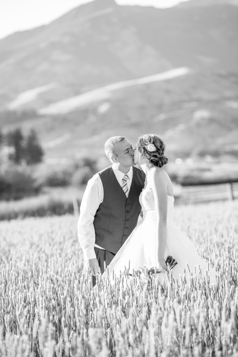 bride and groom in field