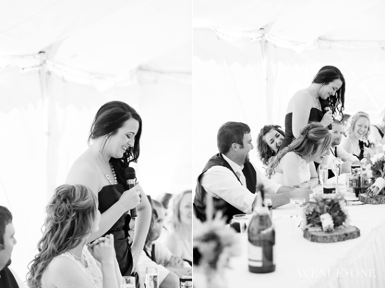 Maid of honor toast inside white tent
