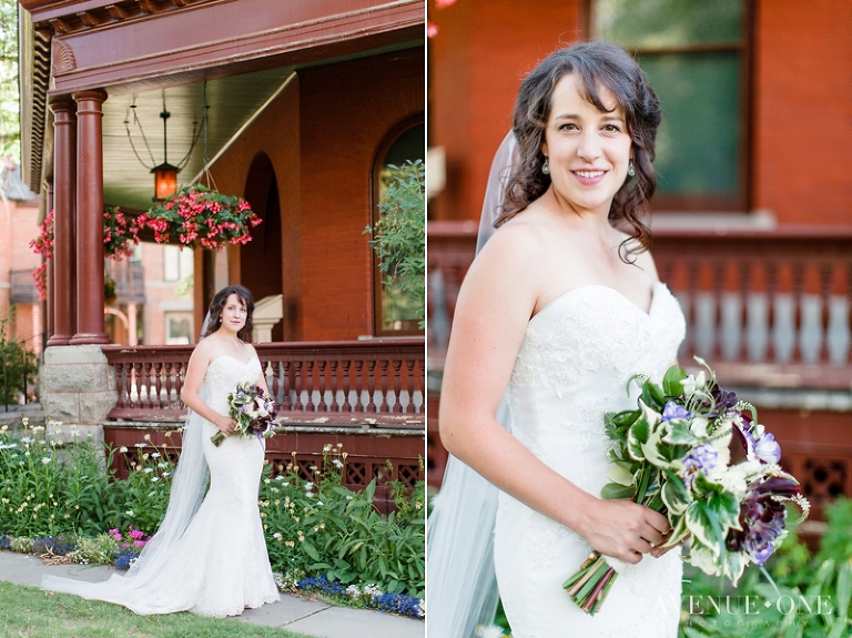 bride in front of red brick building