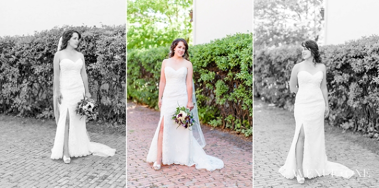 bride modeling dress on brick walkway