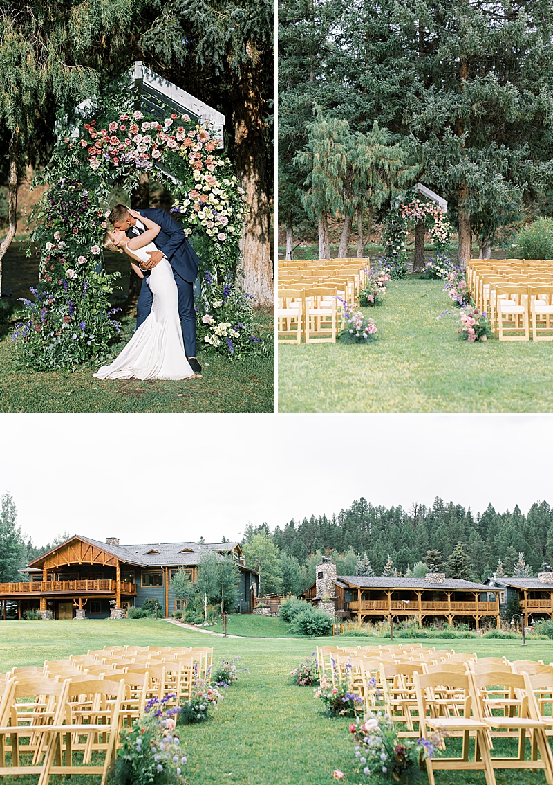 Collage of wedding ceremony space examples at Rainbow Ranch Lodge