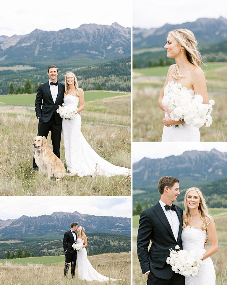 Bride and Groom Photos with view of the Spanish Peaks at Moonlight Basin Wedding Venue